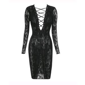 House of CB London Anchi Black Sheer Lace Bodycon Dress Sz Medium **3/4 Sleeves